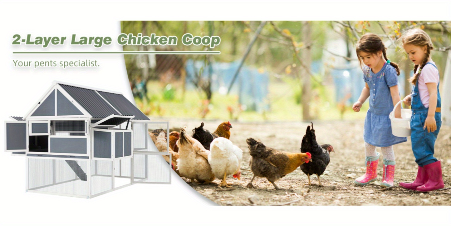 Large Chicken Coop 84" for 8-10 Hens | Outdoor Wooden Hen House with Run, 2 Nesting Boxes, 3 Perches, Removable Tray & Ground Spikes – Walk-In Poultry Cage
