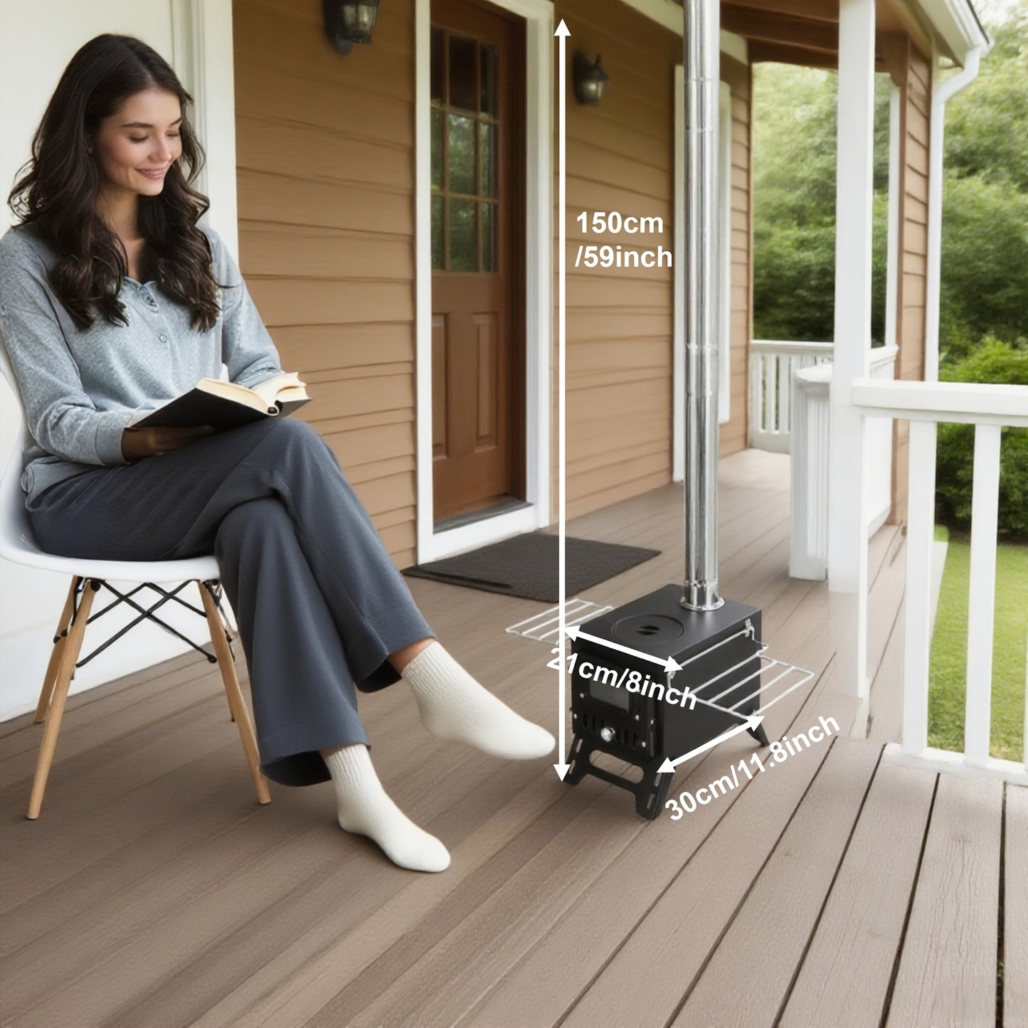 Outdoor Wood Burning Fireplace Stove Portable Camping Fire Pit Foldable Legs Carry Handle 5-Piece Chimney Pipe Complete Tool Set for Camping RV Patio Garden Winter Heating Party