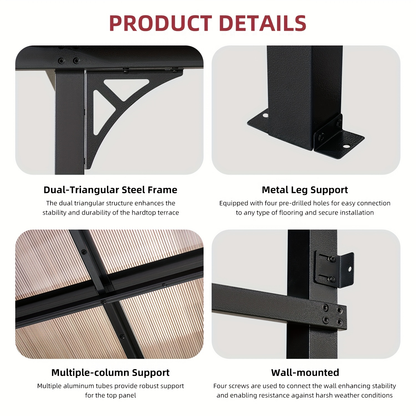 Wall Mounted Pergola Gazebo Hard Top Lean-To Aluminum Patio Cover