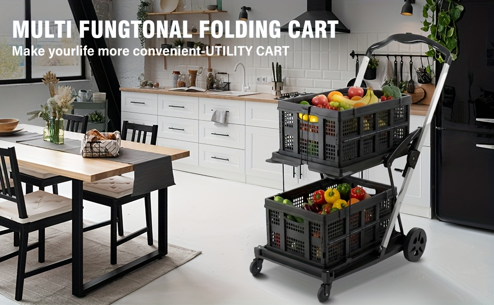 Two Tier Cart with 2 Storage Crates 360° Swivel Wheels, Heavy Duty Collapsible Shopping Trolley Folding Utility Cart for Groceries Picnic Office Multi-Use
