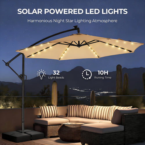 Solar Patio Umbrella 10FT Offset Cantilever LED Lights UPF50+ UV