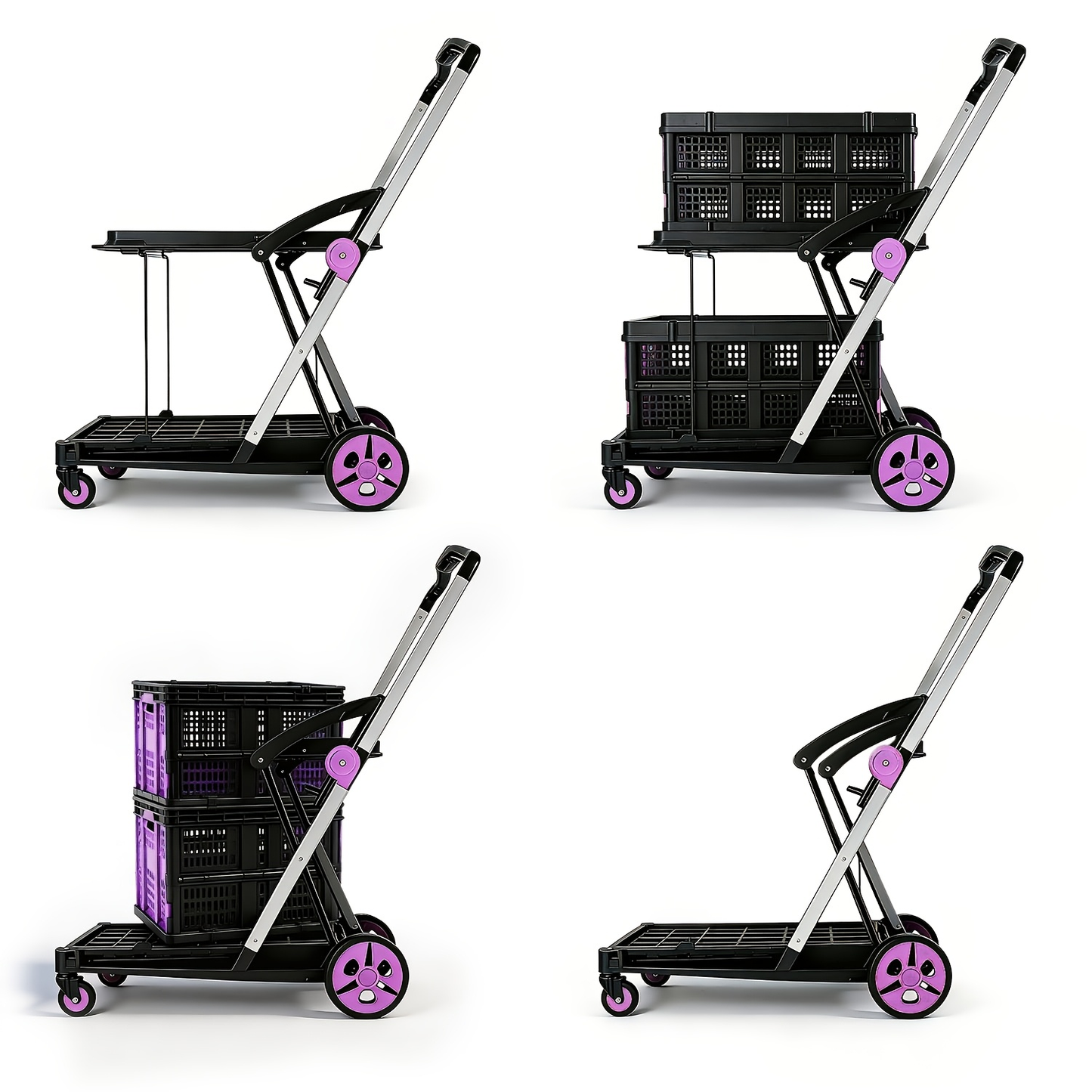 Two Tier Cart with 2 Storage Crates 360° Swivel Wheels, Heavy Duty Collapsible Shopping Trolley Folding Utility Cart for Groceries Picnic Office Multi-Use