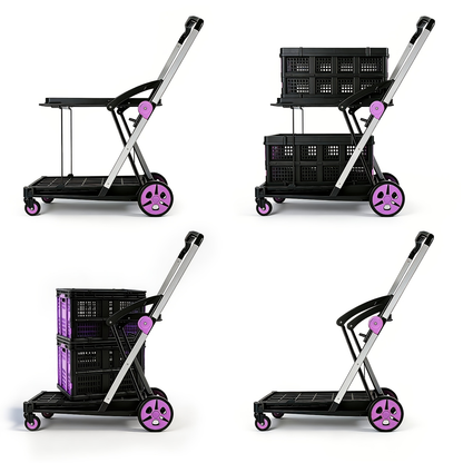 Two Tier Cart with 2 Storage Crates 360° Swivel Wheels, Heavy Duty Collapsible Shopping Trolley Folding Utility Cart for Groceries Picnic Office Multi-Use