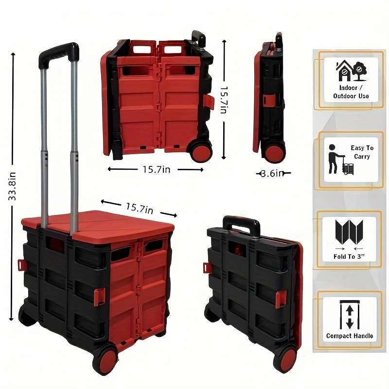 Collapsible Rolling Cart with Wheels – 80 Lbs Heavy Duty Foldable Crate on Wheels for Teachers, Shopping & Storage, Lid Doubles as Seat, Portable Utility Tote Basket
