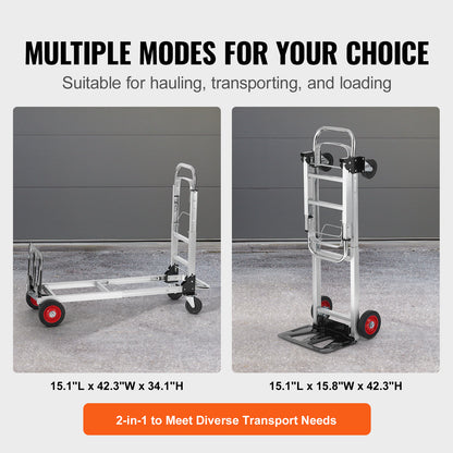 Folding Hand Truck 2-in-1 Convertible 400 LB Capacity Aluminum Carbon Steel Frame 360° Brake Wheels Collapsible Dolly Cart for Warehouse Garden Moving