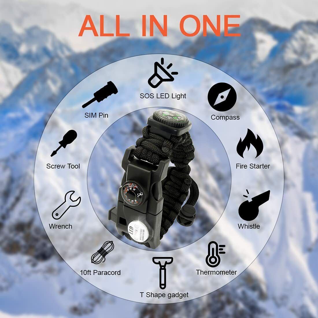 20-in-1 Survival Paracord Bracelet – Fire Starter, Compass, Whistle, Thermometer & Multi-Tool