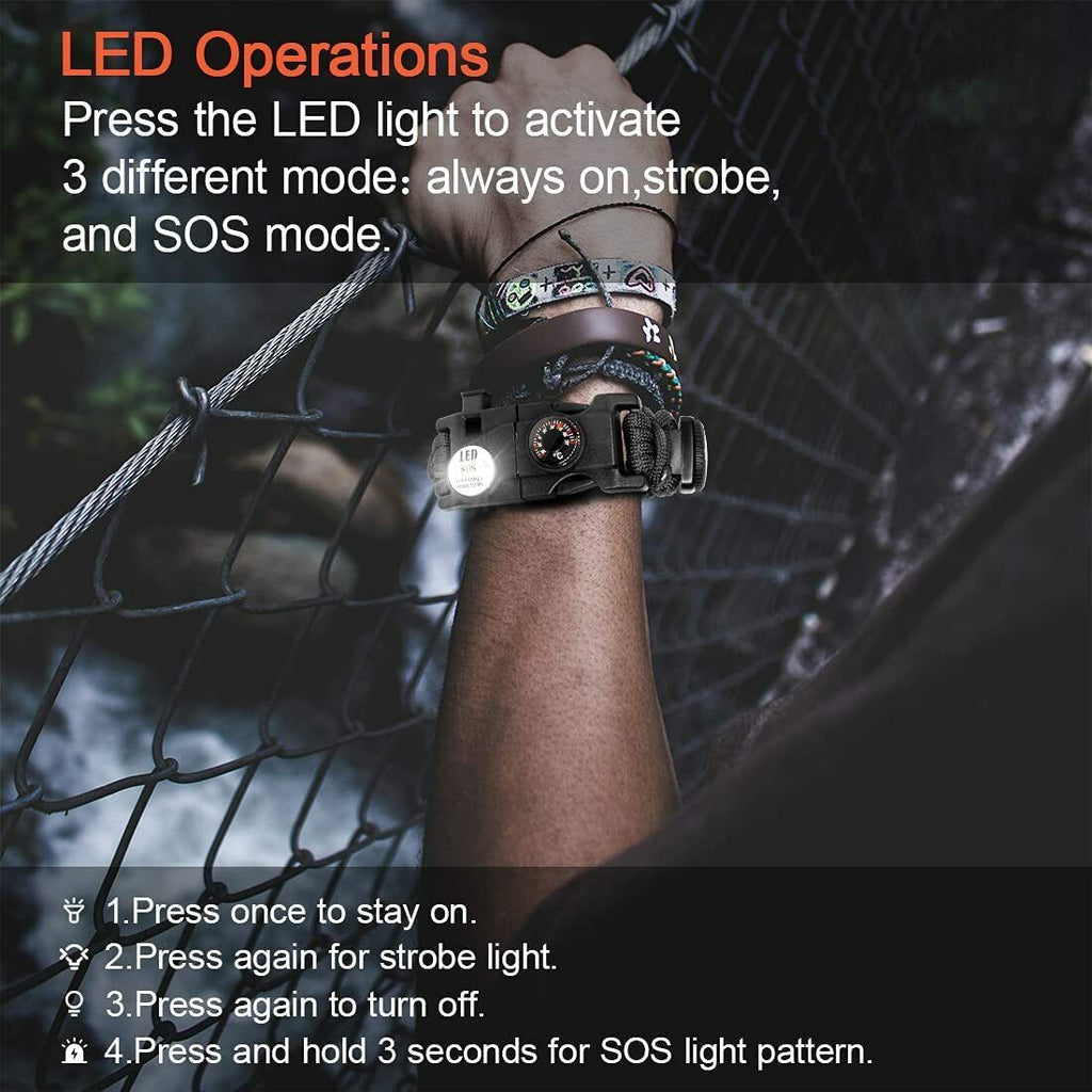 20-in-1 Survival Paracord Bracelet – Fire Starter, Compass, Whistle, Thermometer & Multi-Tool