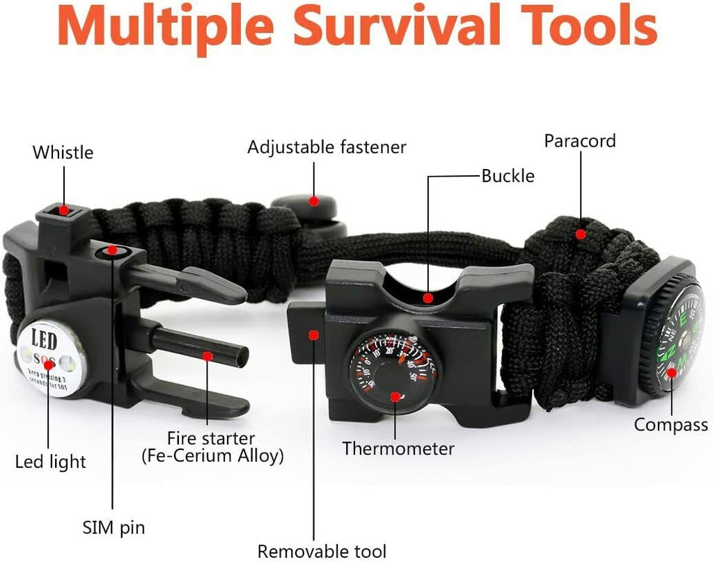 20-in-1 Survival Paracord Bracelet – Fire Starter, Compass, Whistle, Thermometer & Multi-Tool