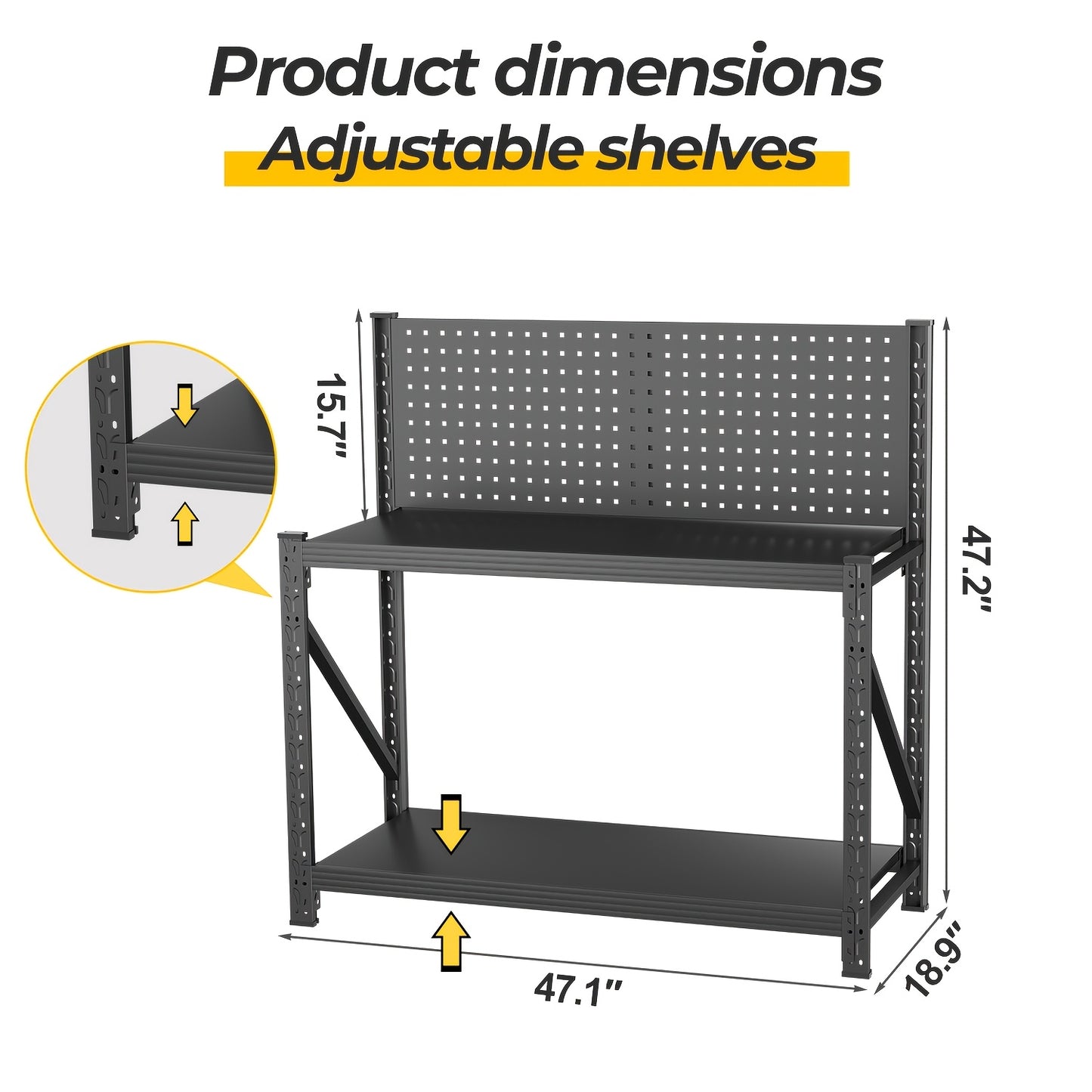 Workbench with Pegboard 47" Metal Craft Table, Adjustable Shelves & Tool Storage, Heavy-Duty Garage Organizer Work Desk for Workshop Welding 47.2"H×47"W×19"D