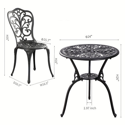 Patio Bistro Set 3 Piece Cast Aluminum Outdoor Table and 2 Chairs with Umbrella Hole All Weather Front Porch Balcony Furniture Set Black