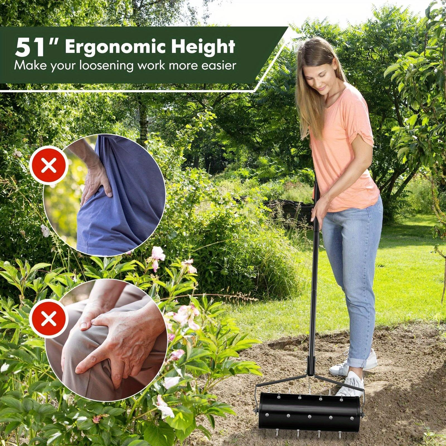 Fillable Drum Lawn Aerator Rolling Heavy Duty - 18 & 21 Inch Spike Roller with 51-Inch Metal Handle, Sand or Stone Fillable Drum for Deeper Soil Penetration, Manual Aeration for Garden Yard Patio