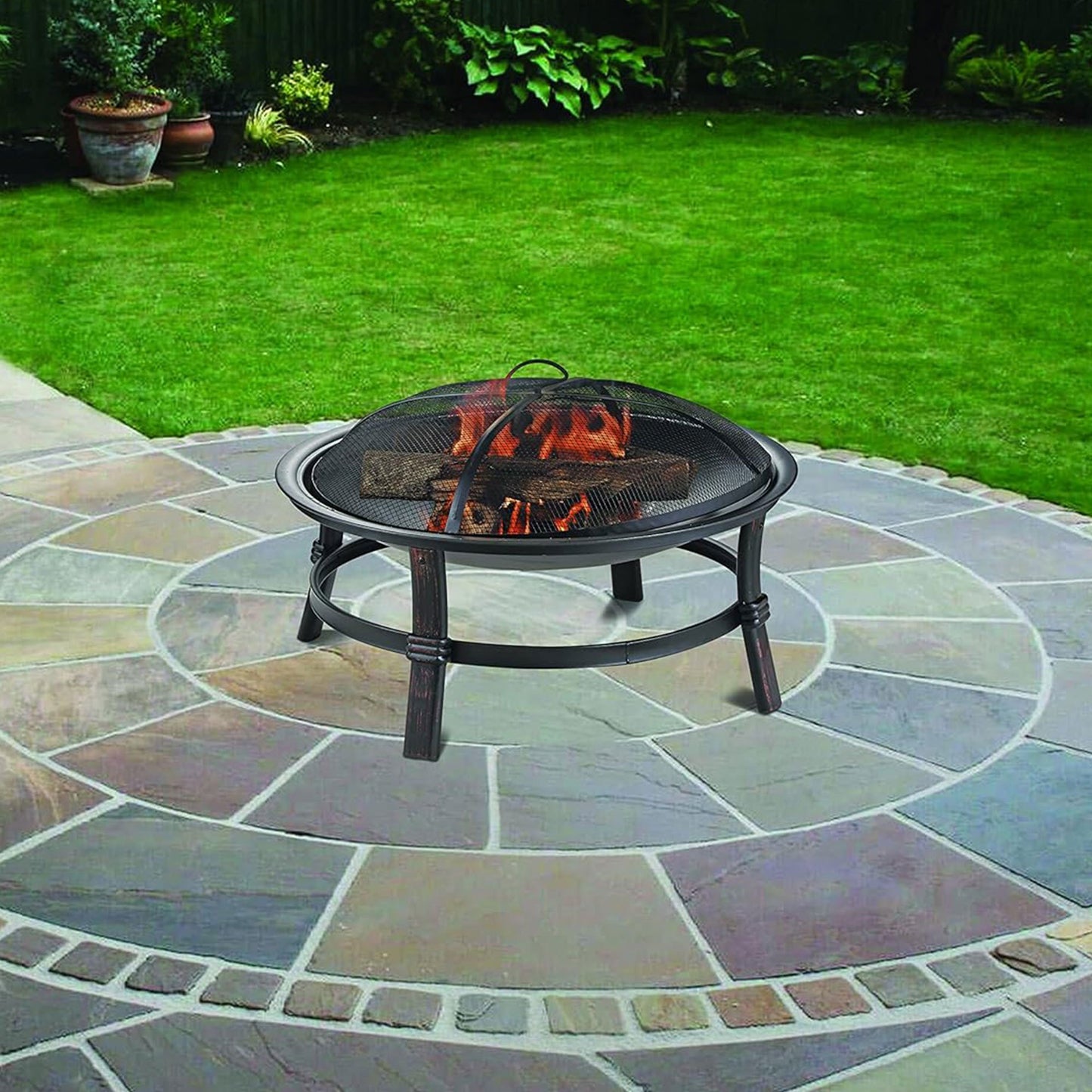 Wood Burning Fire Pit Bowl 29 Inch Outdoor Steel Fireplace with Spark Screen & Poker for Patio Backyard Deck Bonfire, Black