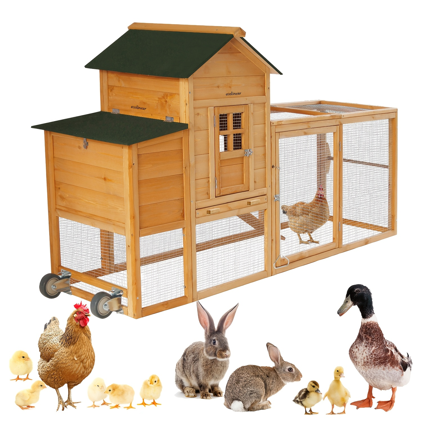 Chicken Coop with Run Large Outdoor Wooden Hen House 82 Inch Walk-in Poultry Cage for 2-4 Chickens Ducks Rabbits with Nesting Box Removable Tray Wheels
