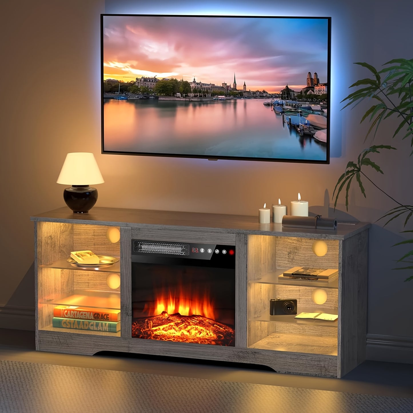 Fireplace TV Stand with 18" Electric Fireplace Insert, 58" Entertainment Center with LED Leg Lights, Media Console for TVs Up to 65", Adjustable Glass Shelves & Storage Cabinets, Black/Gray/White/Beige/Brown