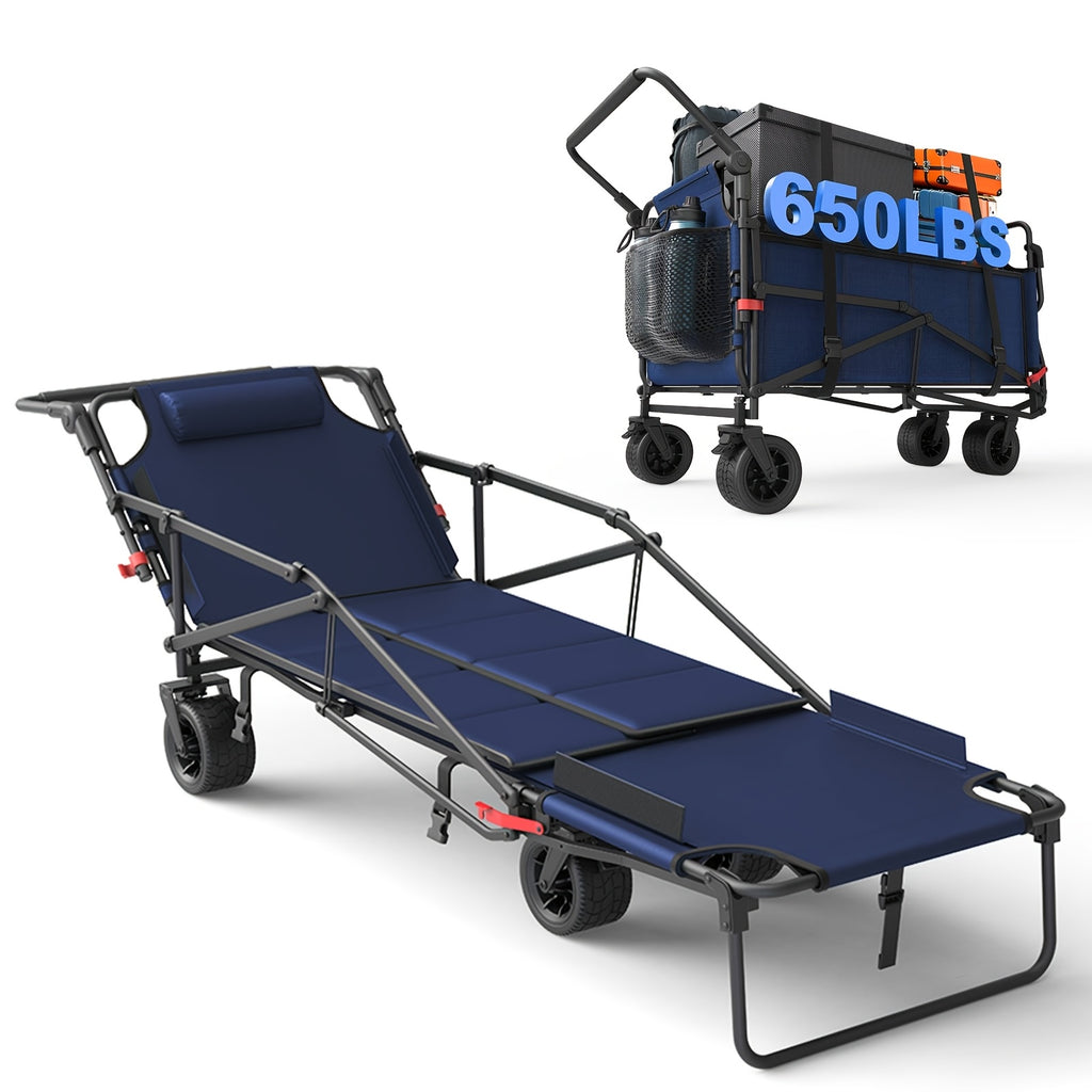 Folding Wagon 2-in-1 Convertible Beach Chair 650LBS | All-Terrain Utility Cart Camping Beach Garden Shopping