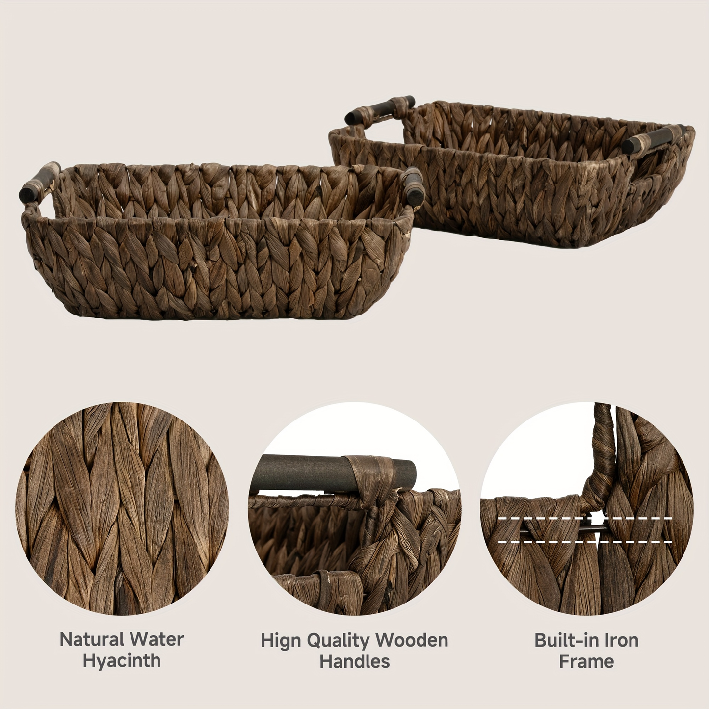 Woven Basket with Wooden Handles 2-Pack - Water Hyacinth & Seagrass Wicker Storage Baskets for Bathroom, Shelf, Kitchen & Bedroom Organizer, Boho Decor