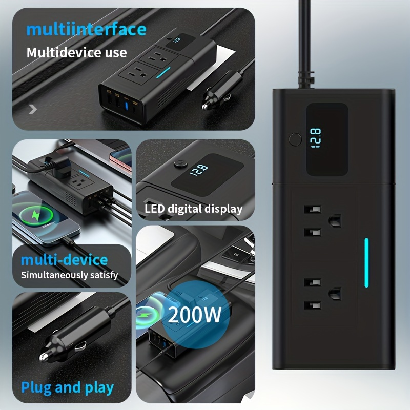 Power Inverter for Car 200W DC 12V to AC 110V with QC3.0 USB-C Type-C 1.2A 2A USB Ports Cigarette Lighter Plug Adapter Outlet Charger for Laptop Phone Tablet