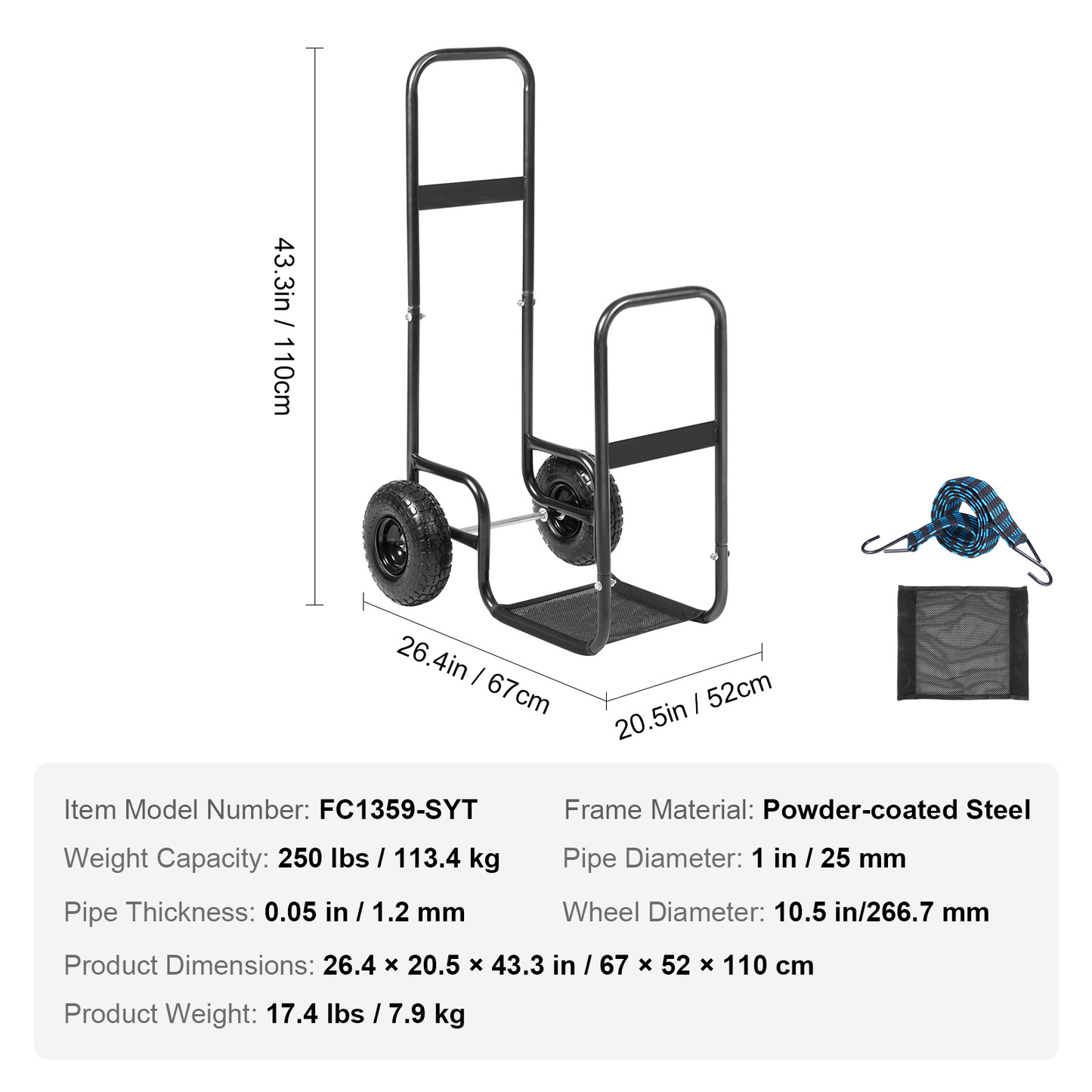 Firewood Log Cart Heavy Duty 250 lbs Capacity, Carbon Steel Wood Carrier with Pneumatic Rubber Wheels, Outdoor Indoor Log Hauler Dolly for Fireplace Fire Pit Camping