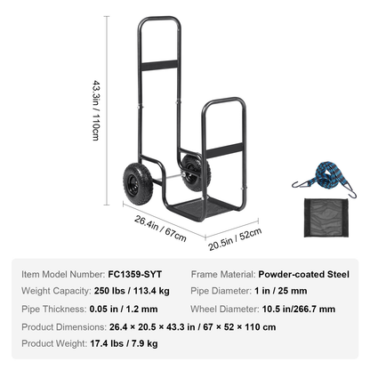 Firewood Log Cart Heavy Duty 250 lbs Capacity, Carbon Steel Wood Carrier with Pneumatic Rubber Wheels, Outdoor Indoor Log Hauler Dolly for Fireplace Fire Pit Camping