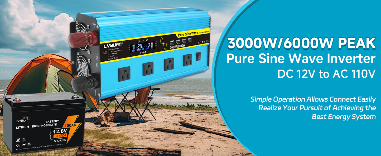 Pure Sine Wave Inverter 3000W 6000W Peak DC 12V 24V to AC 110V with LCD Display 4 AC Outlets Wireless Remote Control for RV Truck Vehicle Camping Home Backup