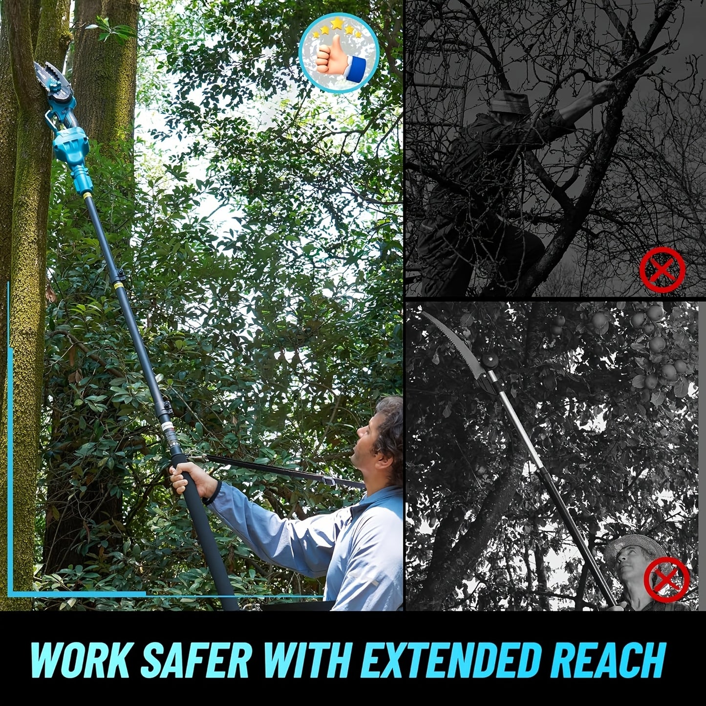 Cordless Pole Chainsaw 2-in-1 with 6" Brushless Chain, 16-Foot Max Reach, 2.0Ah Battery, Extendable Pole Saw for Tree Pruning and Wood Cutting