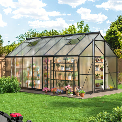 Polycarbonate Greenhouse Walk-In Aluminum Frame 720g PC Panels, 90% UV Protection, 5-Speed Roof Vents & Lockable Door for Backyard Year-Round Gardening, Multiple Sizes