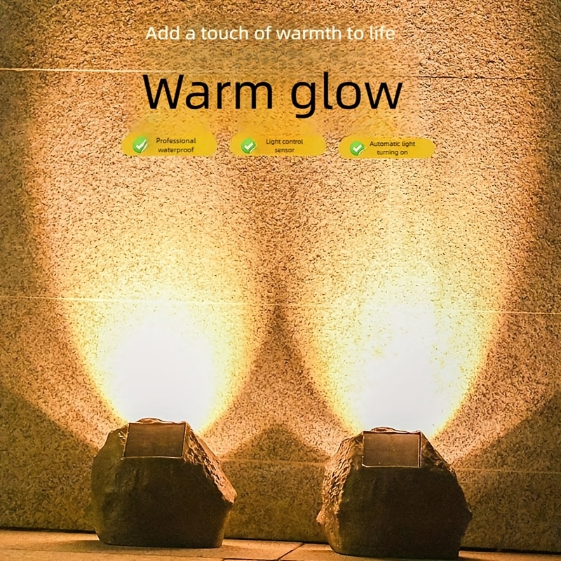 Solar Rock Lights Outdoor Set of 2 IP44 Waterproof LED Warm White Fake Stone Garden Lights Auto Sensor for Lawn Pathway Park Villa Wedding Decor
