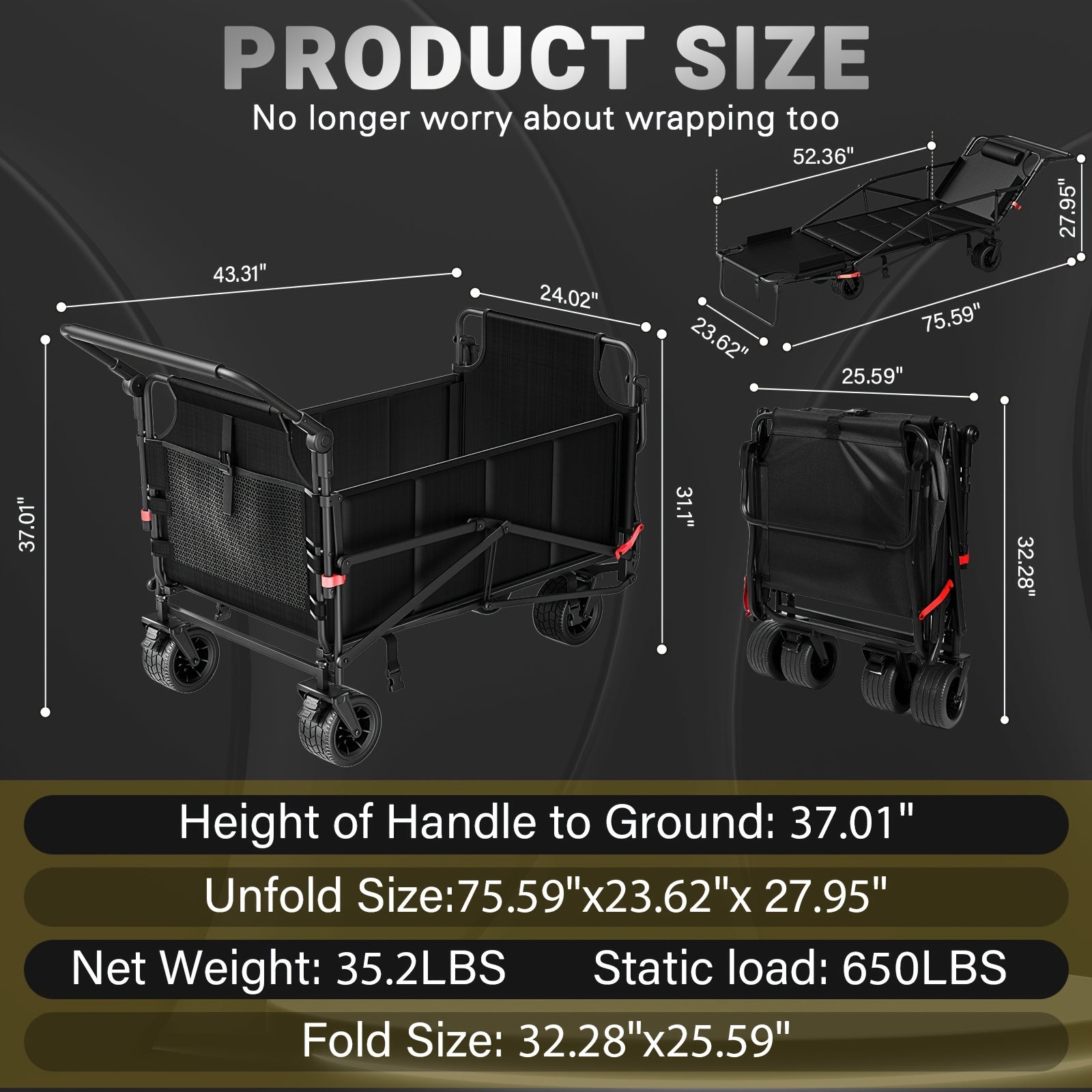 Folding Wagon 2-in-1 Convertible Beach Chair 650LBS | All-Terrain Utility Cart Camping Beach Garden Shopping