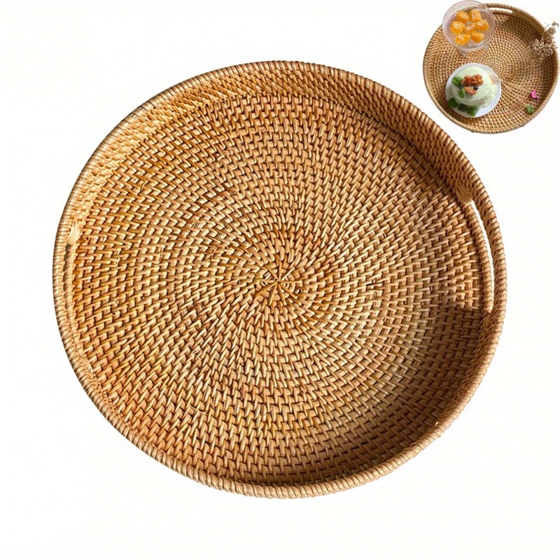 Serving Tray Basket - Hand-Woven Round Rattan Organizer for Fruits Bread Snacks, Rustic Farmhouse Decor for Kitchen Dining Table Coffee Station