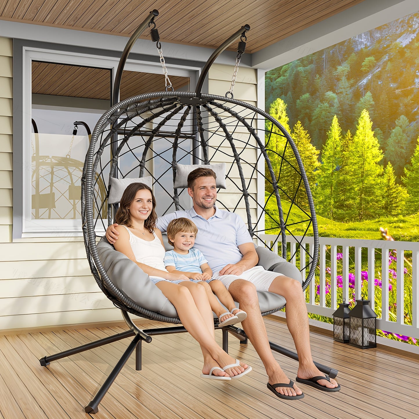 Outdoor Egg Chair with Stand Rattan Wicker Hanging Swing Hammock Chair Thickened Aluminum Frame UV-Resistant Cushion 350LBS Capacity Patio Balcony Deck Lawn Seat