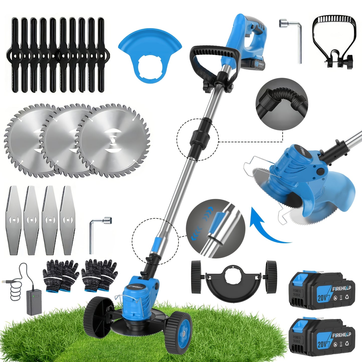 Cordless Lawn Mower 3-in-1 Electric Trimmer Weed Eater Edger Bush Cutter 21V Dual Battery Adjustable Height Swivel Head Lightweight for Small Yards Patios Gardens