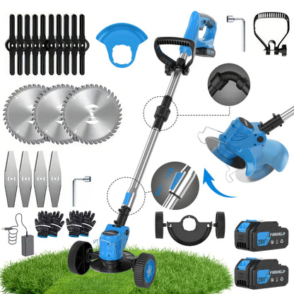 Cordless Lawn Mower 3-in-1 Electric Trimmer Weed Eater Edger Bush Cutter 21V Dual Battery Adjustable Height Swivel Head Lightweight for Small Yards Patios Gardens