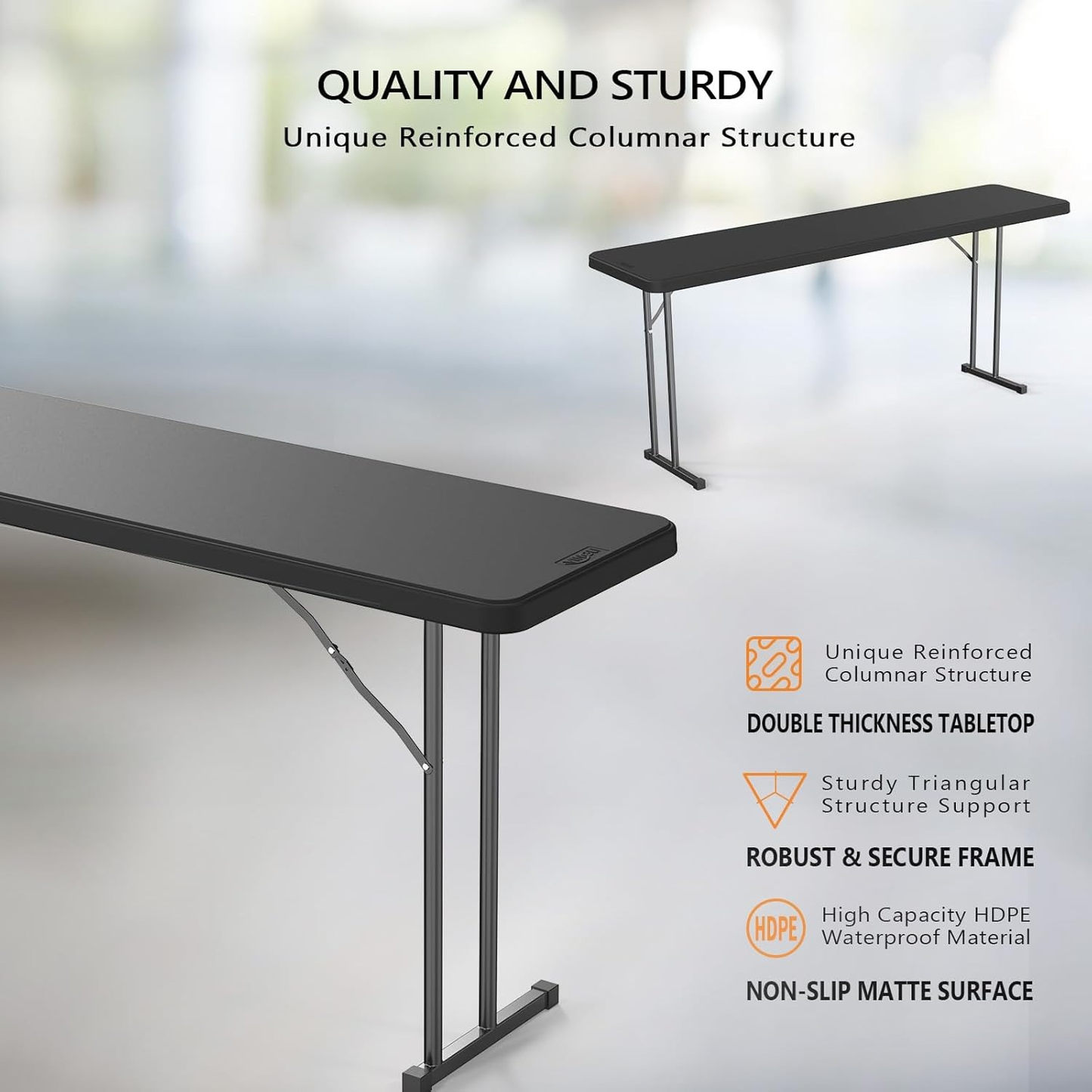 Folding Table 6 ft Narrow HDPE Top 350 lbs Capacity Steel Frame Portable Indoor Outdoor Table for Party, Buffet, Camping & Office
