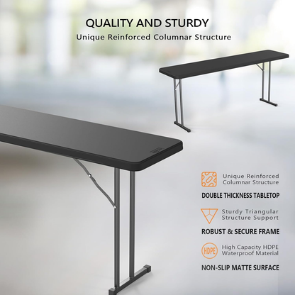 Folding Table 6 ft Narrow HDPE Top 350 lbs Capacity Steel Frame Portable Indoor Outdoor Table for Party, Buffet, Camping & Office