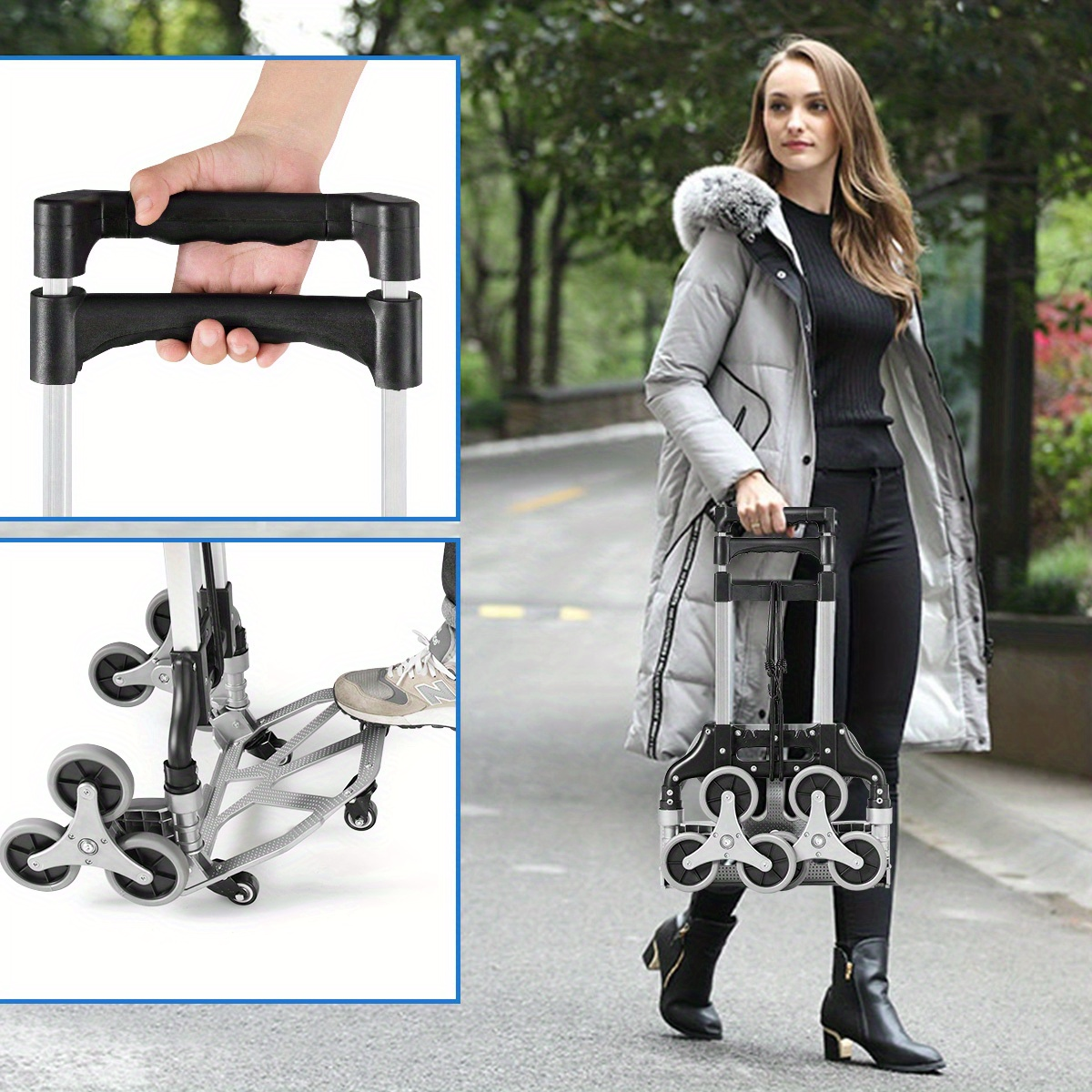 Stair Climbing Cart Folding Hand Truck 180 lbs Capacity, Aluminum Alloy Utility Dolly with Telescoping Handle, 3-Wheel Stair Climber & 4 Swivel Casters, Bungee Cord Included