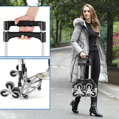 Stair Climbing Cart Folding Hand Truck 180 lbs Capacity, Aluminum Alloy Utility Dolly with Telescoping Handle, 3-Wheel Stair Climber & 4 Swivel Casters, Bungee Cord Included