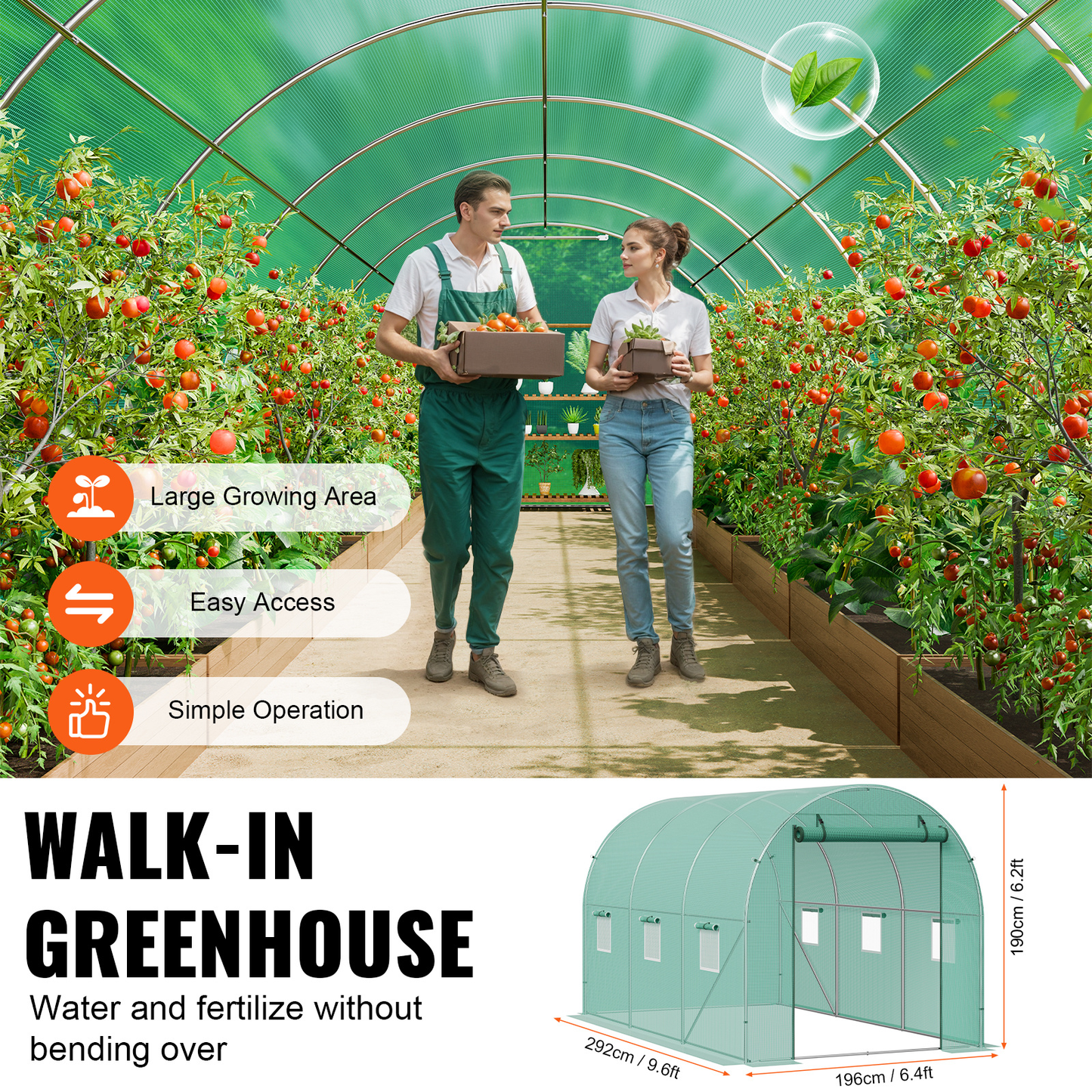 Tunnel Greenhouse Heavy Duty Galvanized Frame 140g/m² PE Cover, 6 Vent Windows Walk-In Hoop House for Garden & Farm, Multiple Sizes