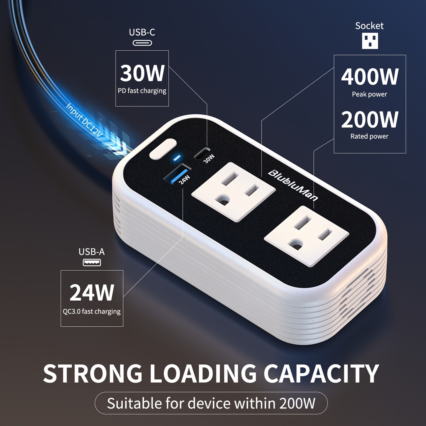 Car Plug Inverter 200W DC 12V to AC 110V with 30W PD Fast Charging QC3.0 24W USB-C Outlet Adapter for Laptop Computer Phone Tablet Vehicle Travel Road Trip