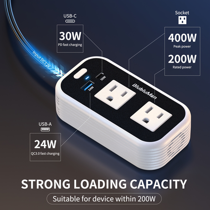 Car Plug Inverter 200W DC 12V to AC 110V with 30W PD Fast Charging QC3.0 24W USB-C Outlet Adapter for Laptop Computer Phone Tablet Vehicle Travel Road Trip