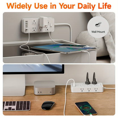Charging Station 18-in-1 Power Strip Surge Protector 12 AC Outlets 6 USB Ports 4 USB-A 2 USB-C Flat Plug Wide Spacing Wall Mount for Home Dorm Office Travel