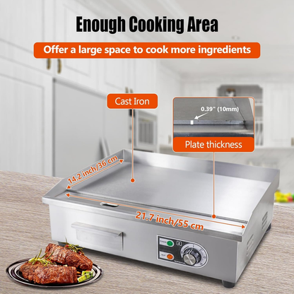 Electric Flat Top Grill 14"/22" – Commercial Teppanyaki Griddle, Non-Stick Cast Iron Cooking Surface, Adjustable Temp 122–572°F, Stainless Steel, Indoor & Restaurant Use