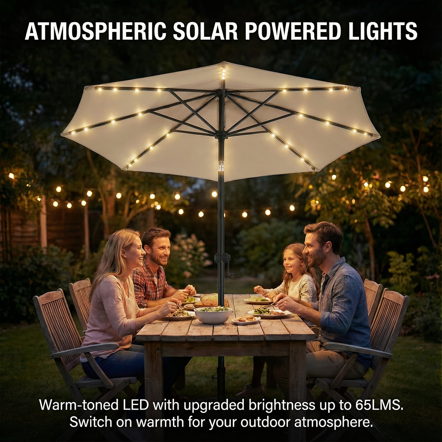 Patio Umbrella 9ft Solar LED Lighted with Base, 32 LED Market Umbrella with Ventilation, Push Button Tilt & Crank, Outdoor Table Umbrella for Garden, Deck, Backyard & Pool