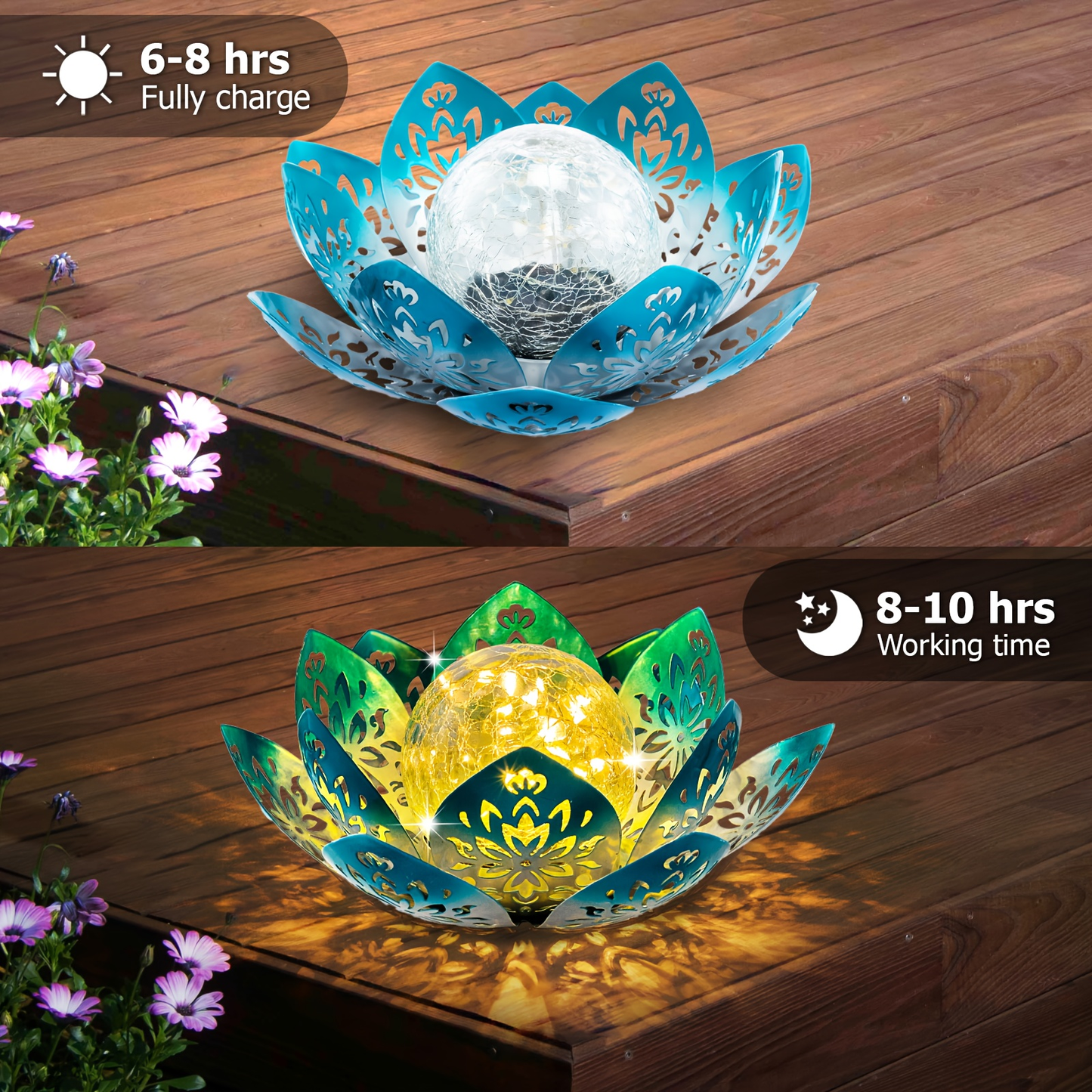 Solar Garden Light Lotus Flower LED Step Light Outdoor Cracked Glass Ball IPX4 Waterproof Lawn Yard Pathway Staircase Corridor Decor – Azure Blue Purple Gray
