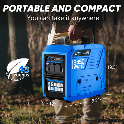 Inverter Generator 2450W Portable Super Quiet Gas Powered – 120V, 1.6 Gal Tank 8.3Hr Run Time, EPA Compliant, for Home Backup, Camping & RV Use