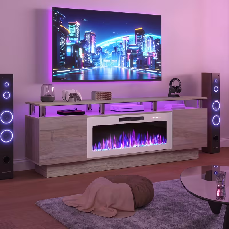 Fireplace TV Stand 70 Inch with 36" Electric Fireplace 2-Tier High Gloss Wood Entertainment Center LED Lights Cabinet Media Console Living Room