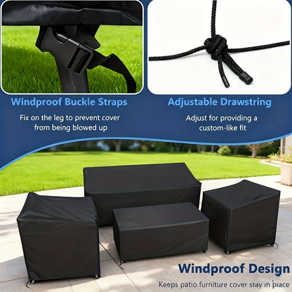 Outdoor Furniture Covers Set 4 Piece Waterproof, Heavy Duty Patio Cover for Sofa Lawn Chairs Coffee Table, Windproof Buckle Straps Reinforced Stitching All-Weather Protection, Black