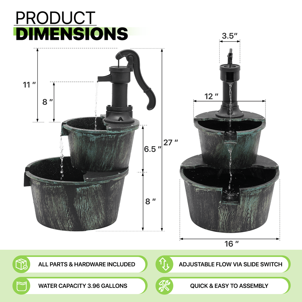 Outdoor Water Fountain | 2-Tier Barrel Waterfall Patio Garden Decor