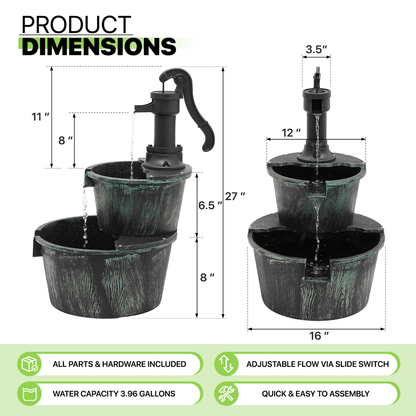 Outdoor Water Fountain | 2-Tier Barrel Waterfall Patio Garden Decor