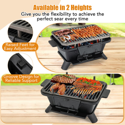 Cast Iron Charcoal Grill Portable Hibachi Tabletop BBQ Grill 16x11in Double-Sided Grate Adjustable Air Vent for Camping Picnic Parties Outdoor Cooking Black