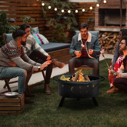 Fire Pit 30 Inch Round Wood Burning Outdoor Backyard Patio Steel Bowl with Spark Screen Mesh Lid Star Moon Cutout Carrying Ring Poker Included Black